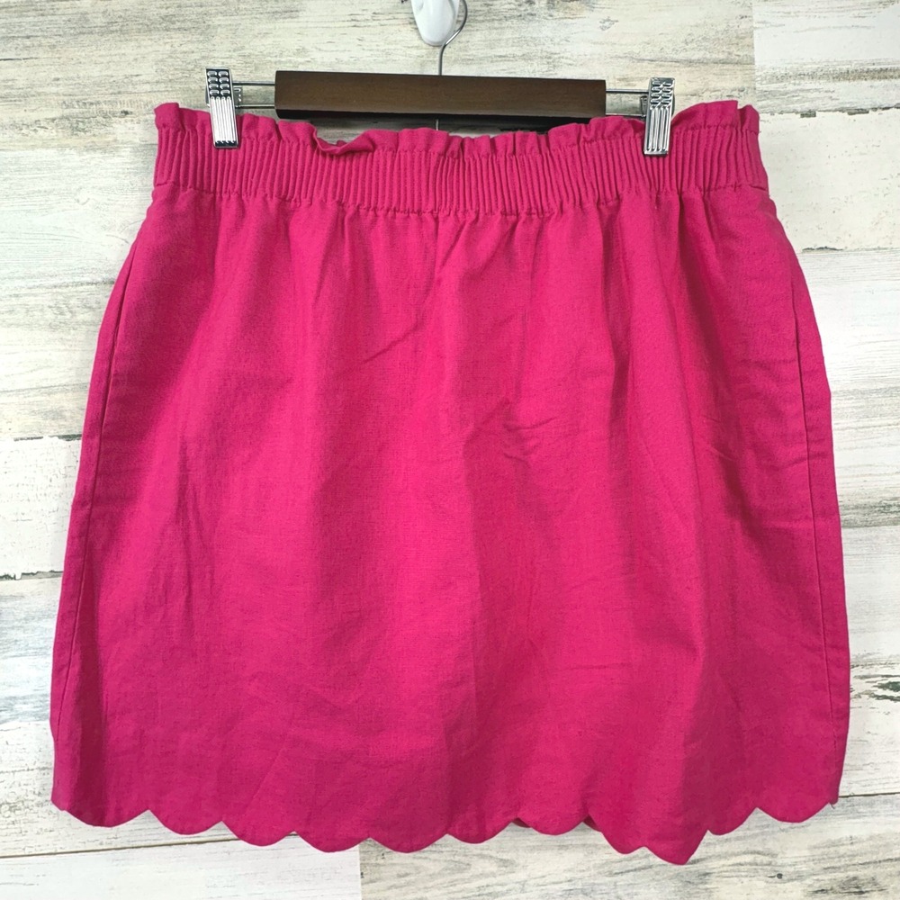 J.Crew Scalloped Mini Skirt 14 Pink NWT Linen Cotton Elastic Waist Chic Barbie